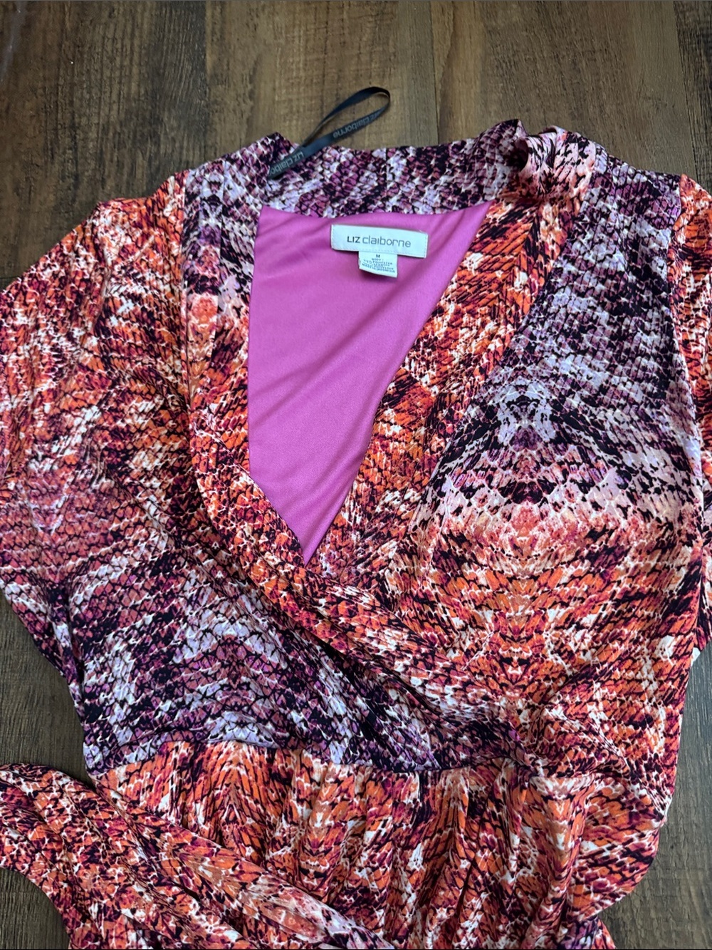 Liz Claiborne Pink and Orange Printed Midi Wrap Dress with V-Neck - Picture 12 of 12